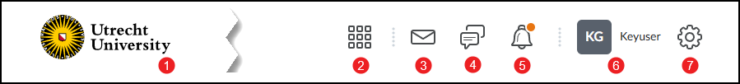 Screenshot van de Brightspace menubalk met Utrecht University logo, cursusselector, notificaties en profiel