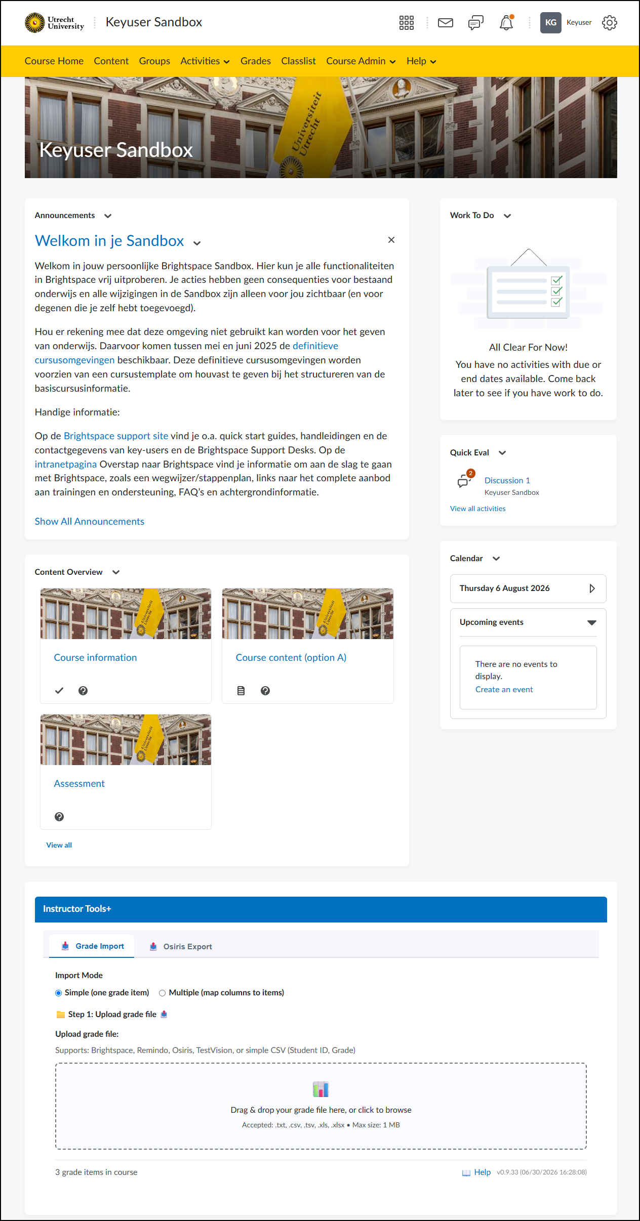 Voorbeeld van een Brightspace cursuspagina met banner, content en widgets