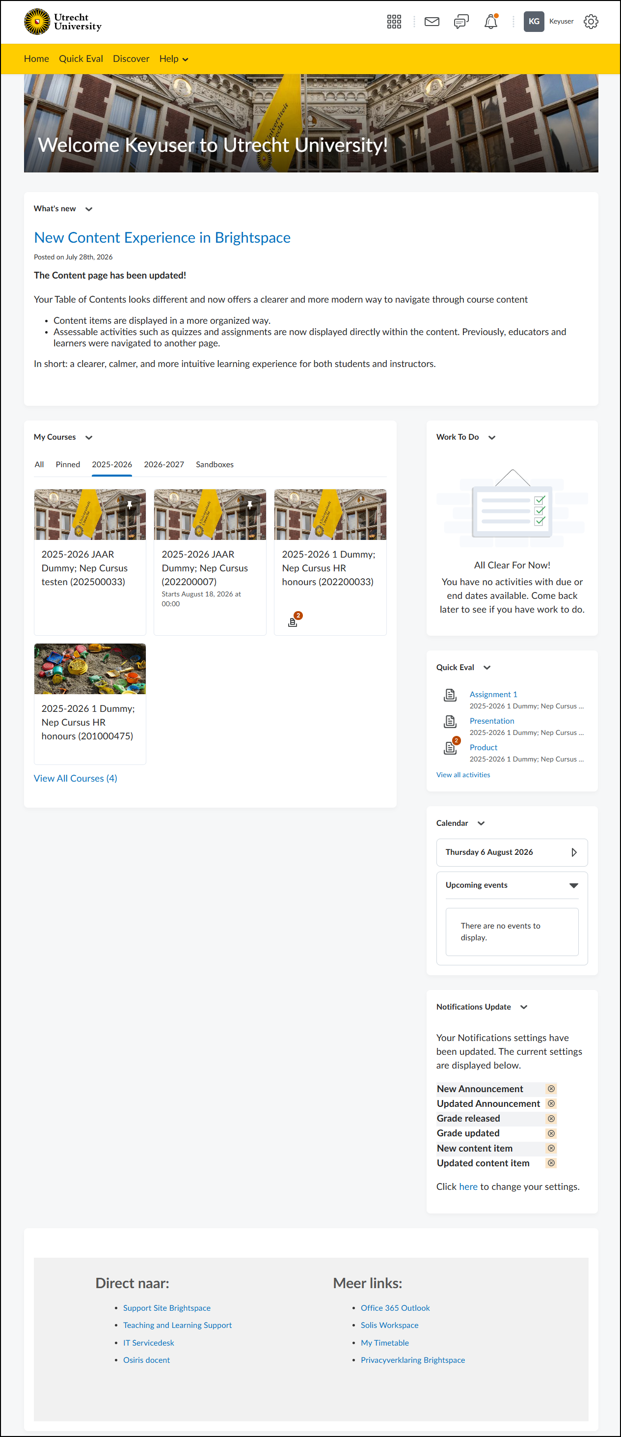Voorbeeld van de persoonlijke Brightspace homepagina met widgets